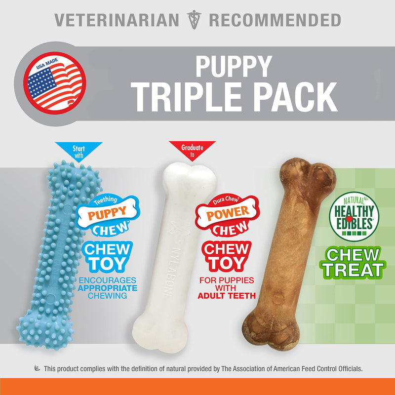 Nylabone Puppy Triple Pack - Blue Puppy Teething Toy, Nylon Dog Toy, & Chew Treat Variety Pack - Puppy Supplies - Chicken and Bacon Flavors, Small/Regular (3 Count) Small/Regular (3 Count) - BeesActive Australia