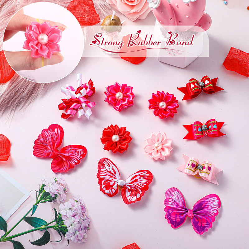 MTLEE 50 Pcs Valentine's Day Pink Small Dog Hair Bows Mixed Styles Dog Bows Pink Bows Heart Rhinestone Pattern with Rubber Bands Puppy Yorkie Cat Butterfly Topknot Rhinestone Pearl Girl Accessories - BeesActive Australia