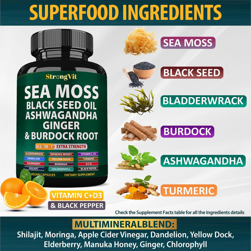 Sea Moss Black Seed Oil Ashwagandha Ginger, Organic Sea Moss Capsules with Burdock Root, Irish Seamoss Pills with Bladderwrack, Turmeric, Shilajit, Multimineral Supplement, USA (120 Capsules) 120 Count (Pack of 1)