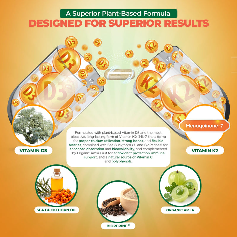 MoxyVites Vitamin D3 K2 5000 IU – High Absorption D3 + K2 MK-7 with Sea Buckthorn Oil & Omega-7 – Bone, Heart & Immune Support for Women & Men – 60 Vegan Capsules