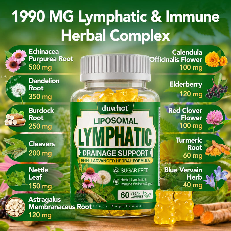 Liposomal Lymphatic Drainage Gummies, 16-in-1 Lymphatic Drainage Supplement | With Echinacea, Dandelion, Burdock Root, Vitamin C&D3, Sugar-Free Lymph & Immune Support, Pineapple, Vegan, 60 Ct