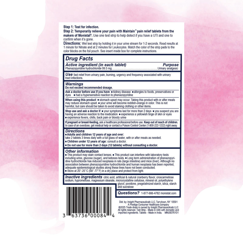 Monistat Maintain UTI 2-in-1 Test & Pain Relief Kit, 2 Test Strips & 12 Urinary Pain Relief Tablets, 2 Minute Results and Maximum Strength Pain, Burning and Urgency Relief