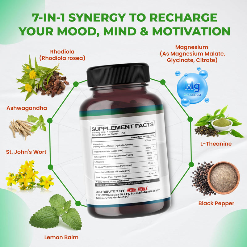 Rhodiola Rosea Supplement Enriched with Ashwagandha, Magnesium, L-Theanine, St. John's Wort, Lemon Balm - Support Mood, Sleeps Quality, and Mental Focus | 150 Capsules 150 count (pack of 1) - BeesActive Australia