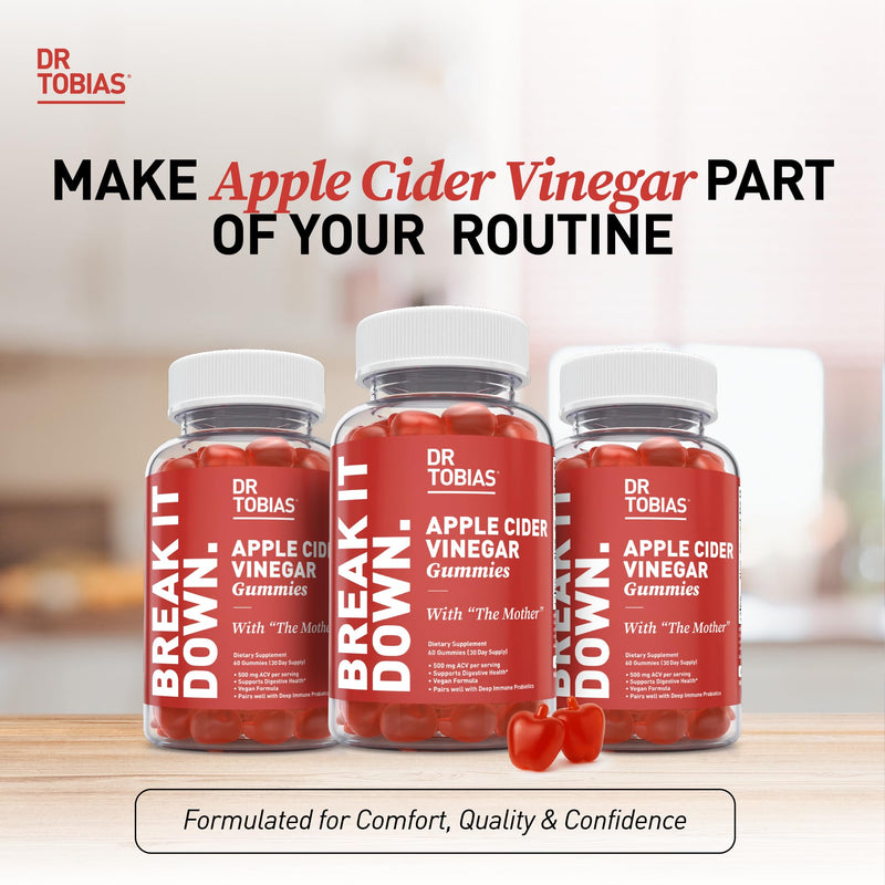 Dr. Tobias Apple Cider Vinegar Gummies with The Mother 120 Count | Digestive & Daily Wellness Support | 500 mg ACV | Folate + B6 + B12 + Iodine | Vegan | 60 Servings 120 Count (Pack of 2)