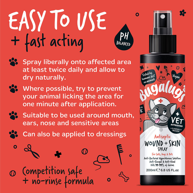 BUGALUGS Cat Wound & Skin Antiseptic spray 200ml - Antibacterial, Antiviral, Antifungal spray for itchy cat skin relief - Hypochlorous acid essential first aid kit for Cats and Pets Cat 200ml