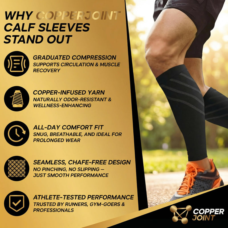 CopperJoint Calf Compression Sleeve for Men & Women, Single Leg Sleeve, Black, Large – Shin Splint Relief, Varicose Vein Support, Leg Cramps & Running Compression - BeesActive Australia