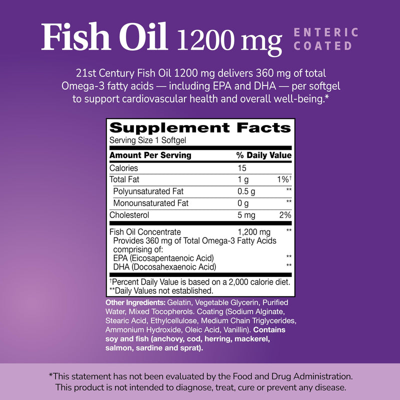 21st Century Fish Oil 1200mg Enteric Coated Softgels, Omega-3, 90 Count | Omega-3 Fish Oil 1200 mg with 360 mg EPA & DHA, Heart Health Support, Enteric-Coated & Easy to Digest, 90-count Softgels 90 Count (Pack of 1)