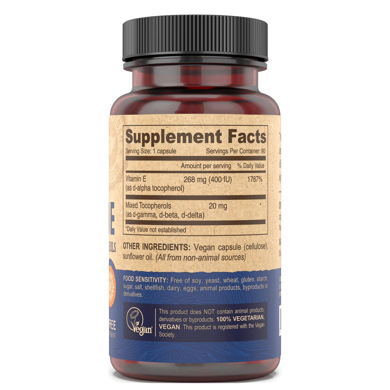 DEVA Vegan Natural Source Vitamin E 400IU with Mixed tocopherols, Soy-Free – 90 Veg Caps (Pack of 2) 90 Count (Pack of 2)