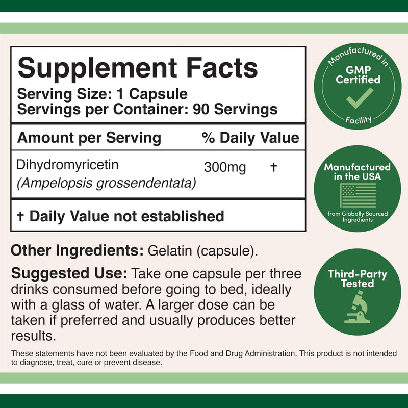 Dihydromyricetin (DHM) (Hovenia Dulcis Extract) Supplement for Liver Support (Naturally Obtained from The Oriental Raisin Tree) 90 Capsules 300mg Analysis | Supports Restful Sleep After Drinking, Liver Processing, 300mg Tablet, Non-GMO, Third-Party Tes...