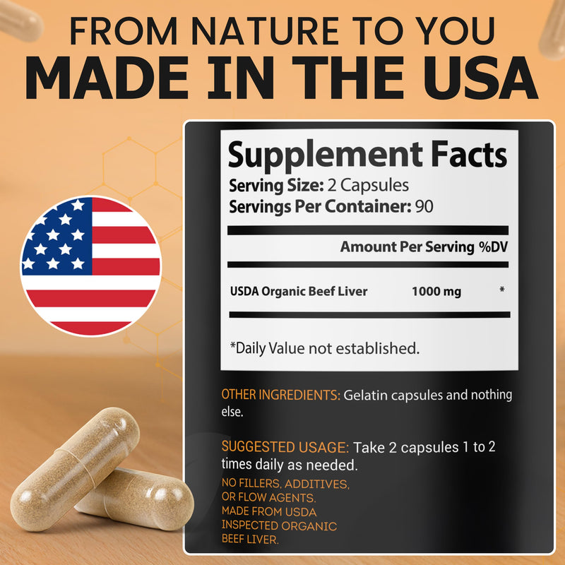 USDA Organic Grass Fed Beef Liver Capsules (180 Caps) - Pasture Raised - Iron, Vitamin A, B, Collagen - Promotes Energy, Detoxification, Whole Body Wellness - Ancestral Paleo Living - Ion Supplements