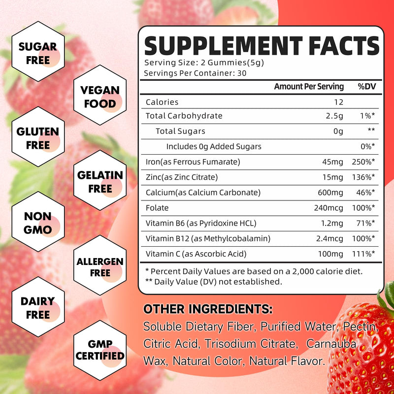Iron Gummies for Women, Men & Kids, Sugar Free Iron Supplement with Calcium, Zinc, Folate & Vitamin B12, C, B6 - for Blood Building & Energy Support, Anemia, Strawberry, 120 Count 60 Count (Pack of 2)