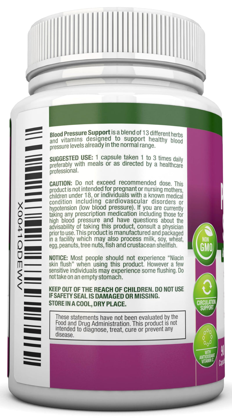 Blood Pressure Support Supplement - 13 Herbs & Vitamins - with Hawthorn, Hibiscus, Garlic & Olive Leaf Extract - Natural Supplement for Women & Men - High Strength Capsules - Non-GMO - 90 Day Supply