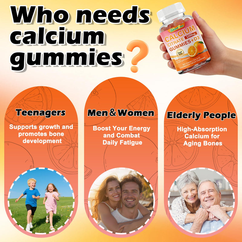5-in-1 Calcium Citrate Gummies 1200mg with D3, K2, Zinc, VC | Sugar Free, Non-GMO Chewable; Immune Support,Teeth & Muscle Healthy for Women & Kids; 60 Count; Orange Flavor 60 Count (Pack of 1)