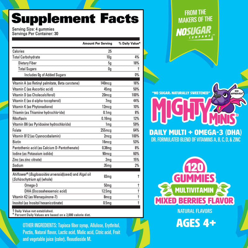 Sugar-Free Kids Multivitamin Gummies Mixed Berries, 120 Count | Tasty, Kid-Approved, Omega-3, DHA, Immunity, Growth, Focus, Mood, Healthy, Clean, Slow-Crafted, No Artificial Color or Flavor