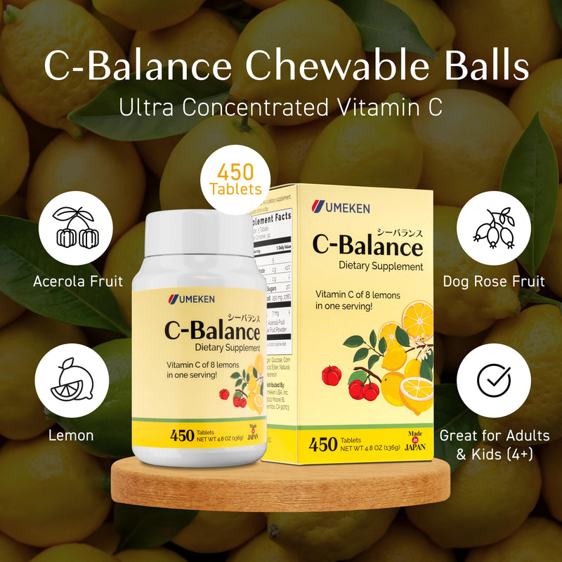 Umeken C-Balance Chewable Vitamin C Supplement, High Potency Immune Support for Adults & Kids, Acerola & Lemon Chewables, 136g (Pack of 1), 3 Months Supply 4.8 Ounce (Pack of 1)