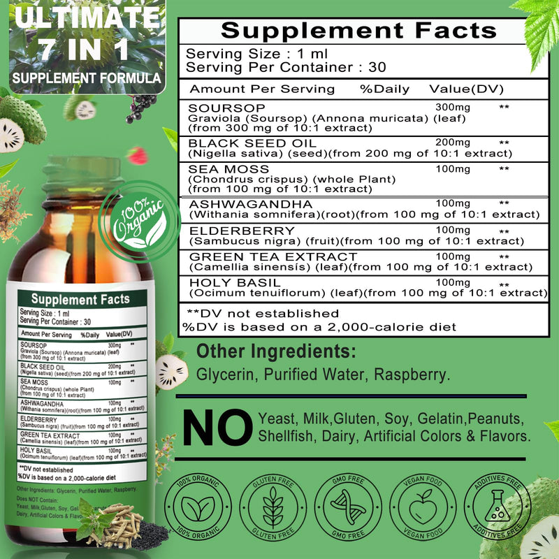 Soursop Drops,Soursop Bitters Liquid with Sea Moss Black Seed Oil Green Tea Extract Ashwagandha Elderberry Holy Basil-Multimineral&Vitamins Superfood Drops for Immune&Digestive & Cell Support