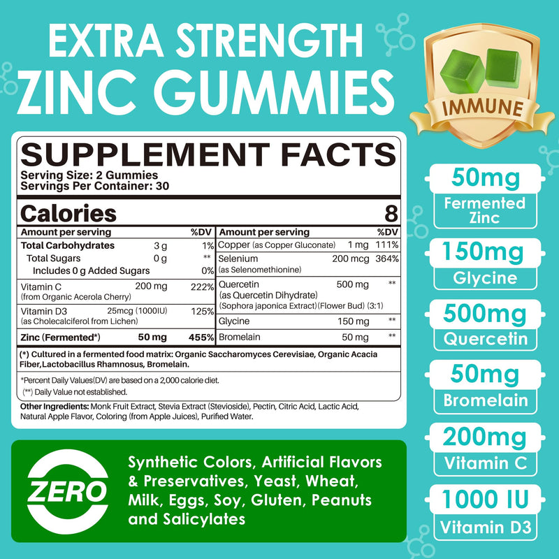 Fermented Zinc Gummies 50mg + Vitamin C & D3 Zinc Supplements for Women Men | Zinc Picolinate Gummies Alternaitive, Superior Absorption & Stomach Friendly, Zinc for Immune, Antioxidant, Skin, Vegan 60Cts 60 Count (Pack of 1)