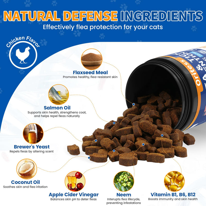 Flea and Tick Prevention for Cats Chewable, 200 Natural Soft Chews,Flea Supplement for Kitten Cat, Skin & Coat Support for Cats All Breeds & Ages - Chicken Flavor 200Soft Chews