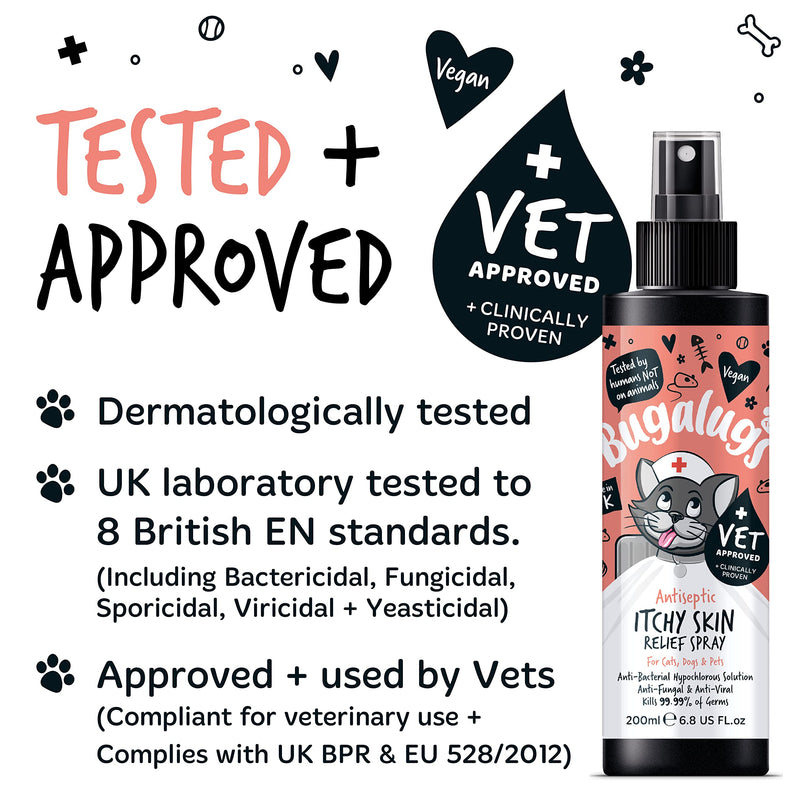BUGALUGS Cat itchy skin relief Antiseptic spray 200ml, for kitten, cats & small animals - cat anti scratch cat spray is Antibacterial, Antifungal & Antiviral use for cat acne