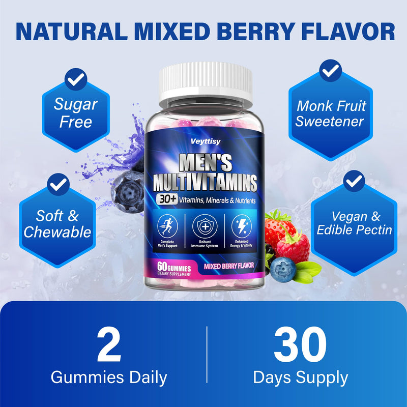 Methylated Multivitamin Gummies for Men | Mens Multivitanins Gummy with Vitamins A C D K E, Methylated Folate, B Complex, Probiotics, Omega-3, CoQ10, Herbal Blend Mixed Berries 60 Count (Pack of 1)