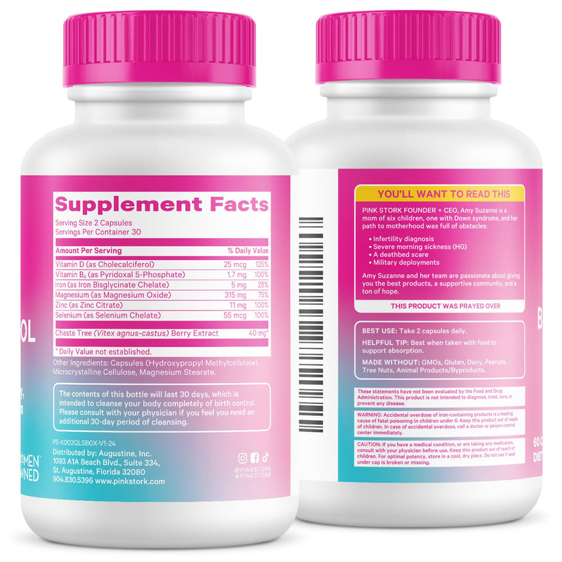 Pink Stork Birth Control Cleanse to Support Hormone Balance, with Chaste Tree Berry (Vitex), Magnesium, and Selenium, Period Support for Conception, Fertility Supplements for Women - 60 Capsules