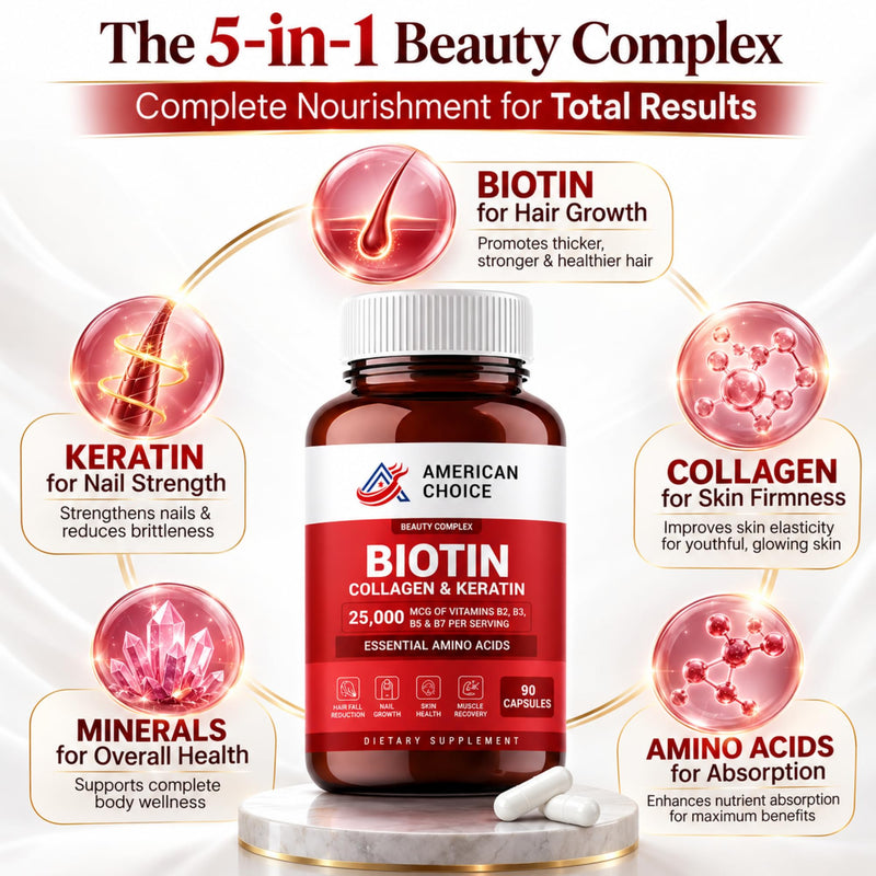 Biotin For Hair Growth Women & Men | Hair Skin and Nails Vitamins B2, B3, B5 and B7 - 25000 Mcg With Keratin Collagen Amino Acids and Minerals - Supports Stronger Nails, Healthy Skin - 90 Caps