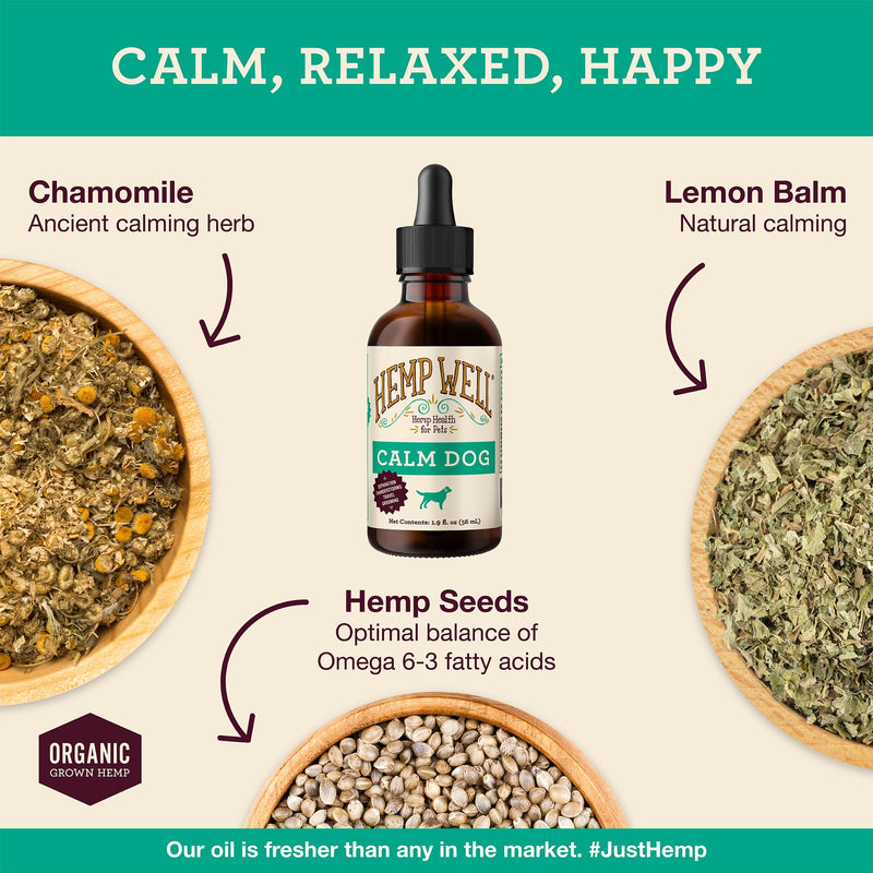 Hemp Well Calm Dog Oil, Calming Support for Dogs with Chamomile, Melatonin & Lemon Balm, Organic Hemp Seed Oil, Stress Support for Travel, Thunderstorms & Separation, 2 oz