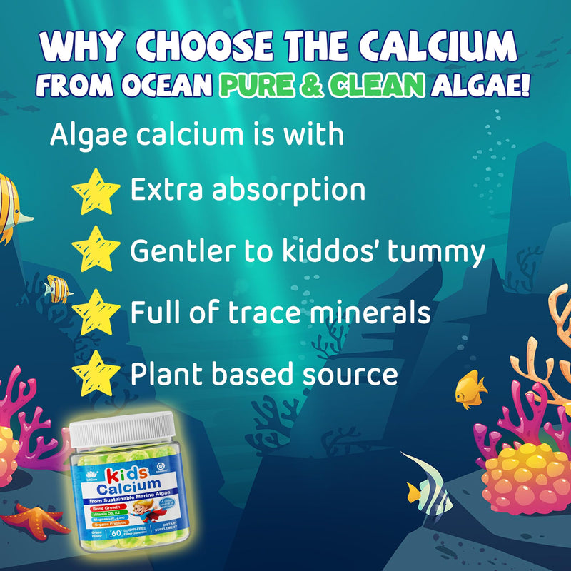 Kids Calcium Gummies + Vitamin D3 K2, Magnesium, Zinc, Extra Absorption Algae Calcium Supplement For Kids Gentle to Stomach, Bone, Teeth, Muscle, Brain, Sugar Free Chewable Kids Vitamins 4+, 60 Counts 60 Count (Pack of 1)