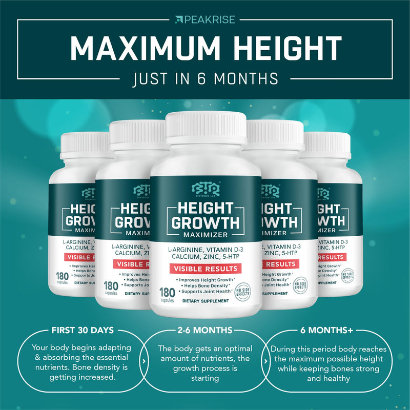 BIOTEQUELAB Height Growth Maximizer, Calcium, Vitamin D3 and Zinc Blend Pills, Bone Growth Supplement for Kids and Teens, Bone Strength, Density Support, GMO-Free, Gluten-Free, Made in USA, 180 Caps 180 Count (Pack of 1)