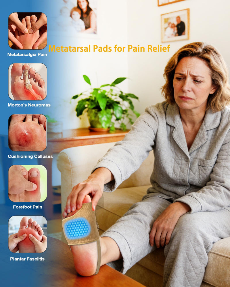 Metatarsal Pads for Men & Women - 2 Pairs Ball of Foot Pain Relief Cushions with Gel Inserts & Fabric Sleeves,Relief for Morton's Neuroma,Metatarsalgia, Sesamoiditis,Pressure & Callus(Medium, Beige) M