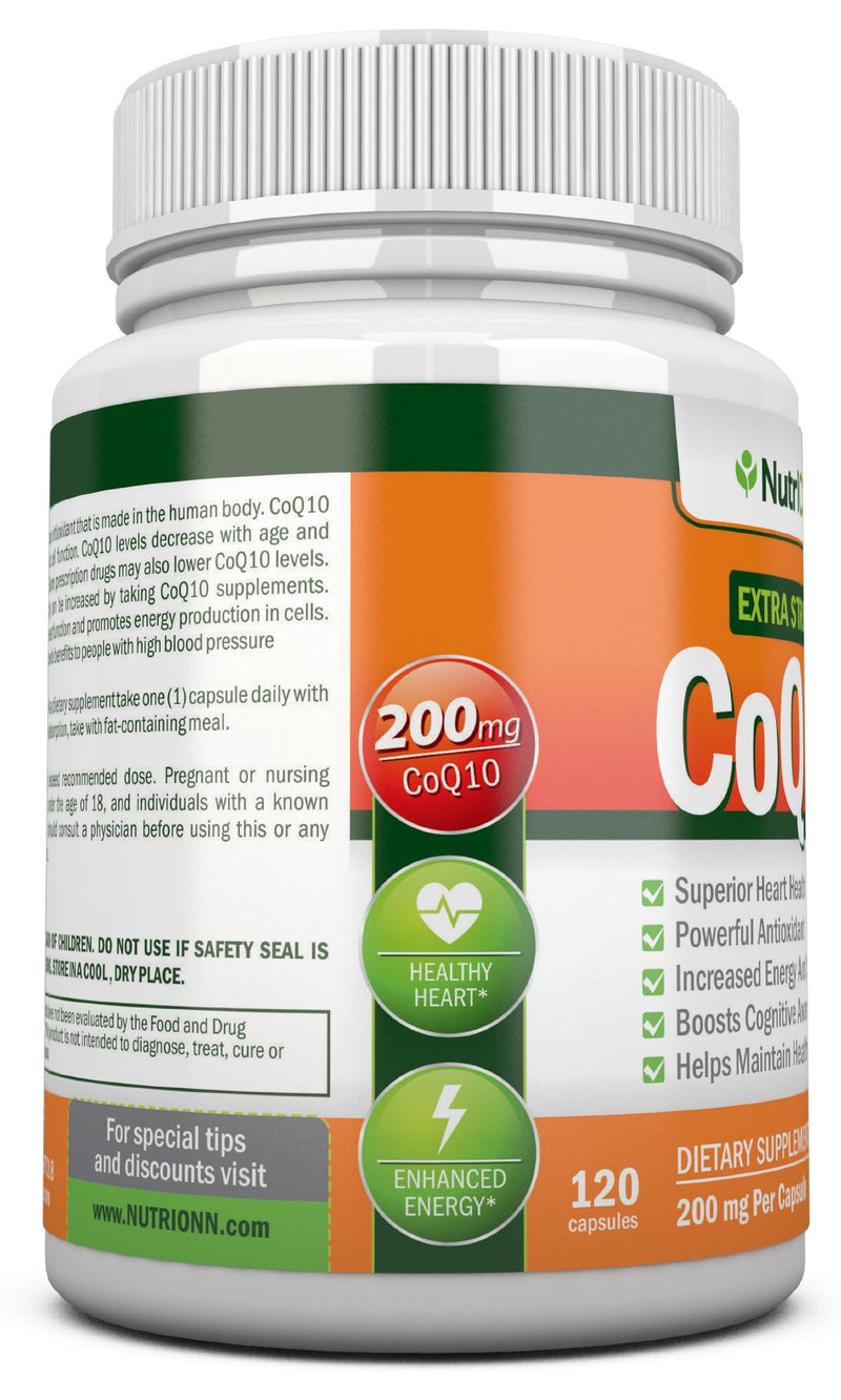 NutriONN CoQ10 200mg (Double Strength), 120 Capsules - High Absorption Coenzyme Q10 - Scientifically Proven Extra Strength CoQ10 Ubiquinone - 4 Month Supply
