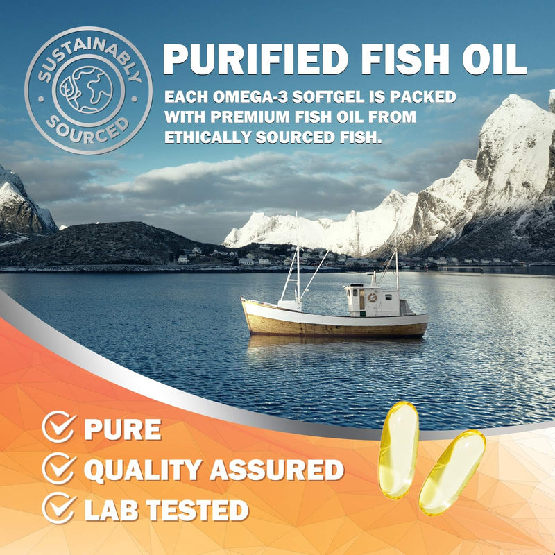 Omega 3 Fish Oil Supplements - 2400mg Fish Oil Per Serving - Triple Strength Omega-3 with EPA & DHA Fatty Acids - Natural Heart, Brain & Immune Support - Wild Caught, Bottled in USA - 60 Softgels 60 Count (Pack of 1)