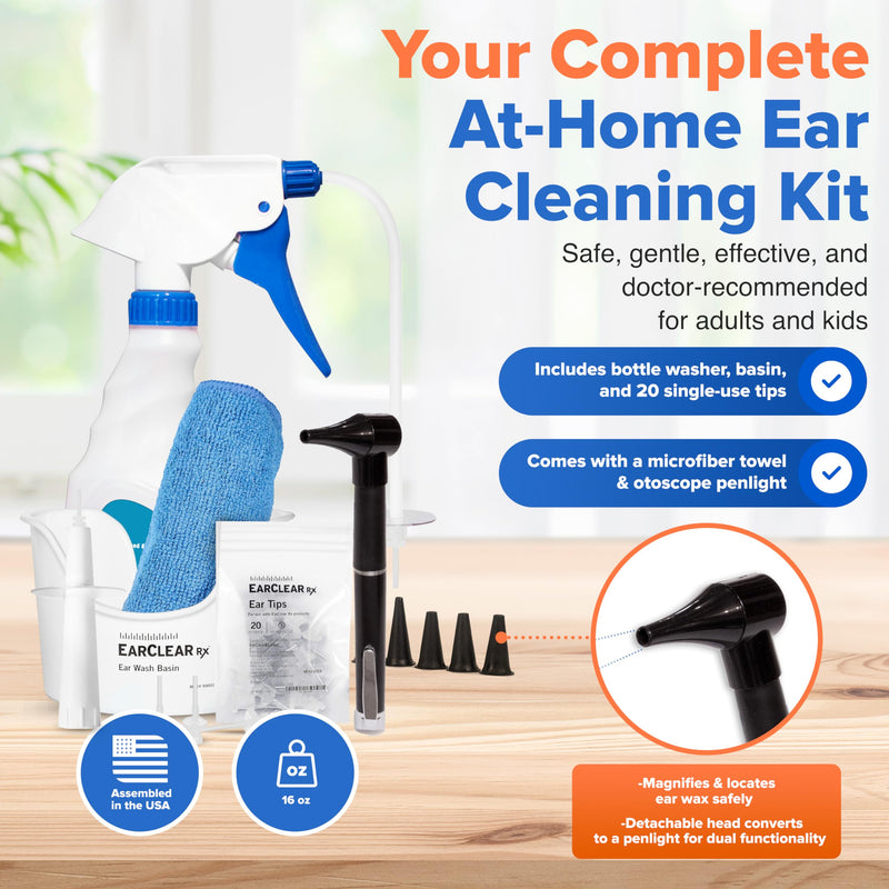 EarClearRX Flexible Tip Kit – Complete at-Home Ear Cleaning Kit for Adults & Kids - Easy-to Use Ear Cleaner - Includes Bottle Washer, Basin, 20 Disposable Tips, Microfiber Towel & Otoscope Penlight - BeesActive Australia