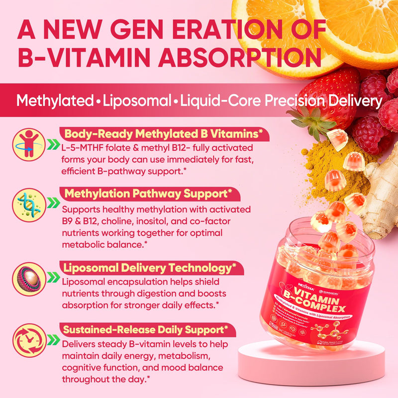 Methylated Vitamin B Complex Gummies for Women & Men, High Dose 2000 mcg Methyl B12, Liposomal Super All B Vitamins Methylfolate, B1, B2, B3, B5, B6, B7, Vitamin C, Choline for Energy, Focus, 60Counts 60 Count (Pack of 1)