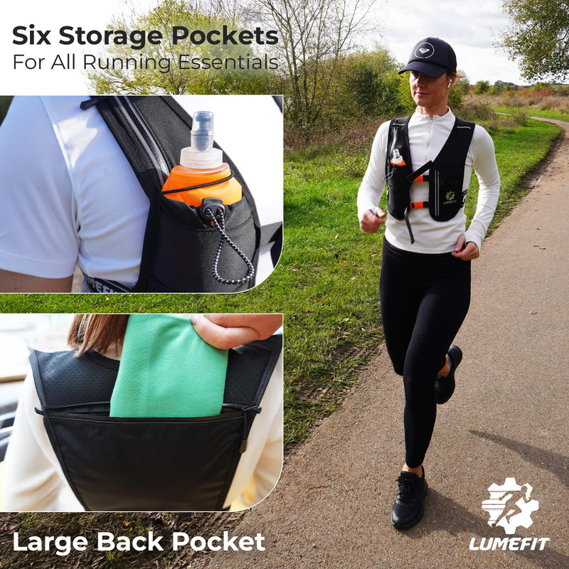 LUMEFIT Running Vest Phone Holder - Hydration Vest with Water Bottle- Reflective Vest for Men and Women- Running Hydration Vest Waterproof Phone Pouch Black
