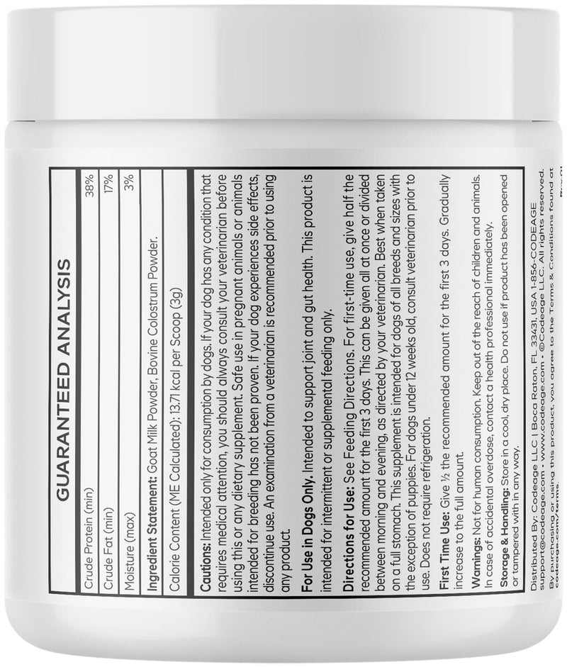 DNA PET Goat Milk and Colostrum Powder for Dogs - Goat Milk Powder, Bovine Colostrum Protein Supplement for Dogs - Canine Joint & Gut Wellness Support - All Breeds and Sizes - 3.2 oz