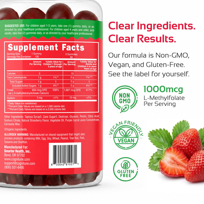 CogniTune L-Methylfolate 1000mcg Gummies, 5-MTHF Folate for Brain, 120 Ct | Strawberry chewable Vitamin B9 for kids and adults. Ideal daily MTHFR support for focus, mood and heart vitality 120 Count (Pack of 1)