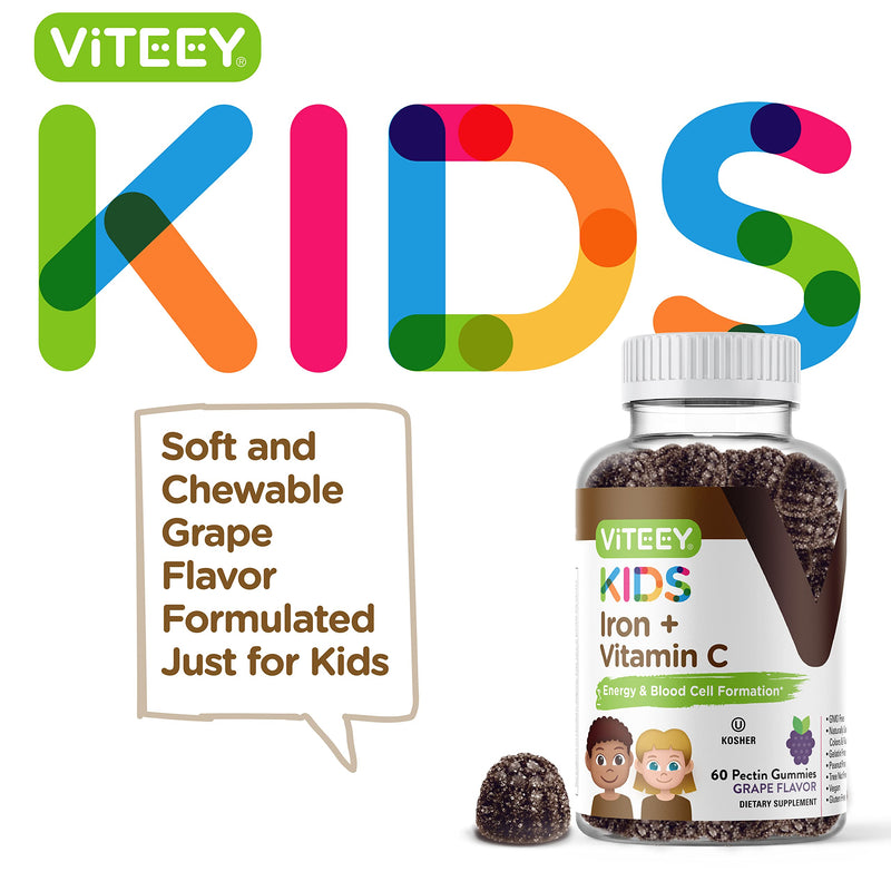 Viteey Iron for Kids with Vitamin C - Tasty Chewable Grape Flavored Gummy | Supports Energy, Blood Cell Formulation, Blood Builder Anemia Kids Iron Supplements - Vegan, Gelatin Free, Gluten Free 60 Count (Pack of 2)