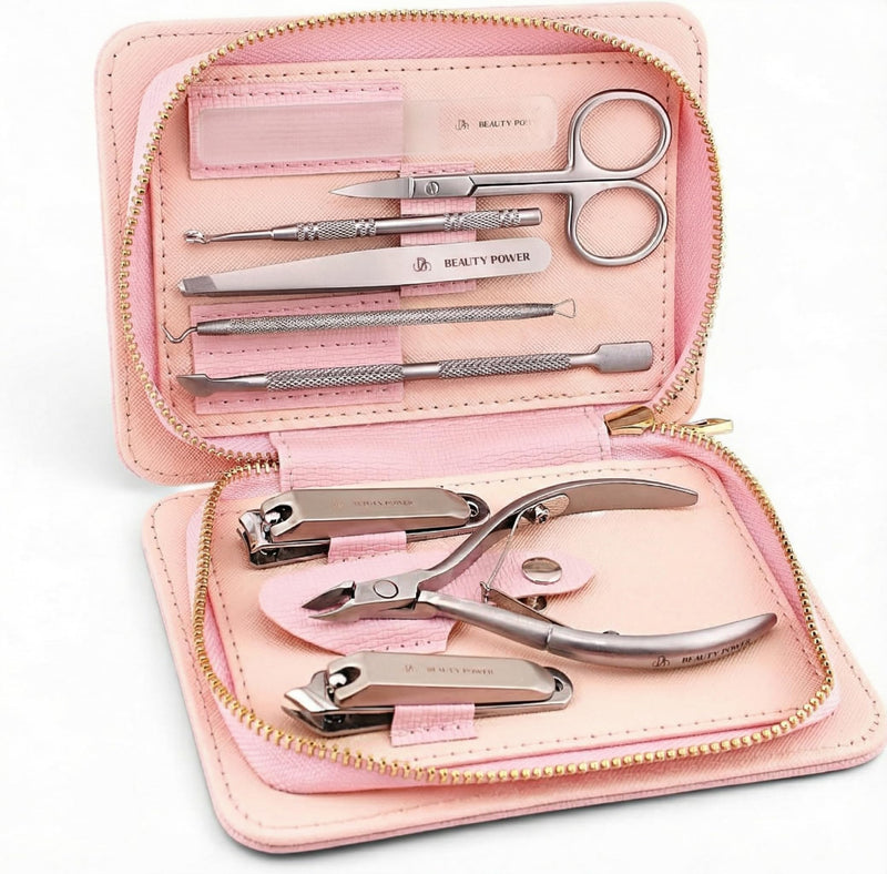 Beauty Power 9 in 1 Professional Manicure Pedicure Set - Stainless Steel Nail Clippers, Nano File, Cuticle Nipper, Scissors, Tweezers, Travel PU Leather Case for Men & Women - Gift Idea - Pink - BeesActive Australia
