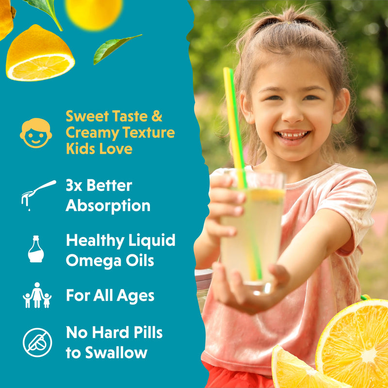 Barlean's Lemonade Omega Pals Kids Omega-3 Fish Oil, 540mg EPA & DHA, 8oz | Wild-caught kids fish oil, 540mg EPA DHA omega-3, Kid-friendly flavor, Non-GMO, Gluten-free, Liquid, Brain & eye Chirpin' Slurpin' Lemonade 8 Fl Oz (Pack of 1)