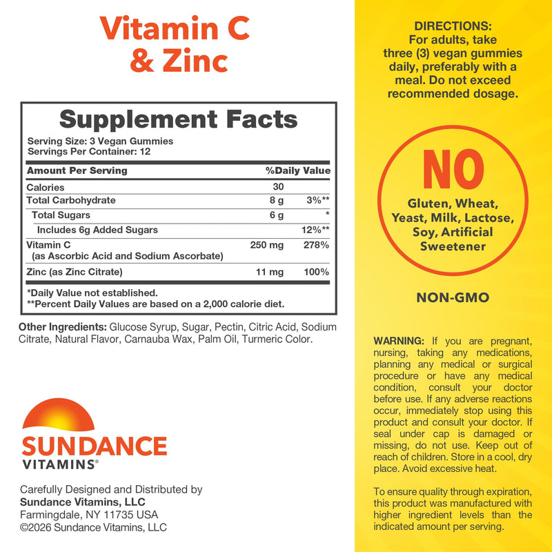 Sundance Vitamin C Gummies with Zinc for Adults | 36 Count | Lemon Flavor | Vegan, Non-GMO & Gluten Free Supplement