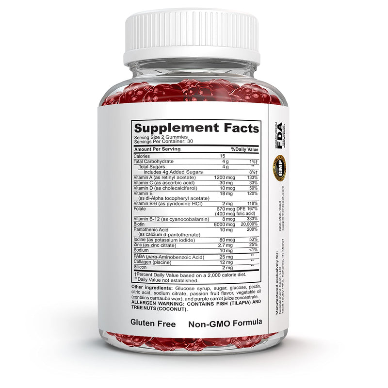Hair Skin and Nails Vitamins, 6000 mcg Biotin Gummies w/Collagen, Passion Fruit Flavored Hair Vitamins, Gluten Free Collagen Supplements (60 Count)