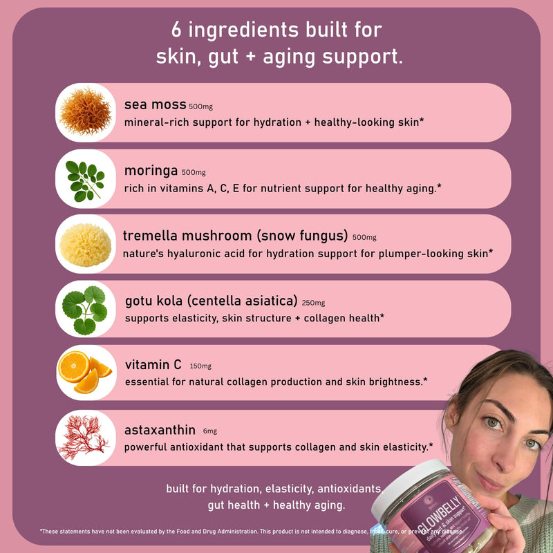 Sunrae Glowbelly Beauty Supplement with Sea Moss, Astaxanthin, Moringa, & Vitamin C for Glowing Skin, Hydration, Healthy Aging & Gut Health – 90 Capsules
