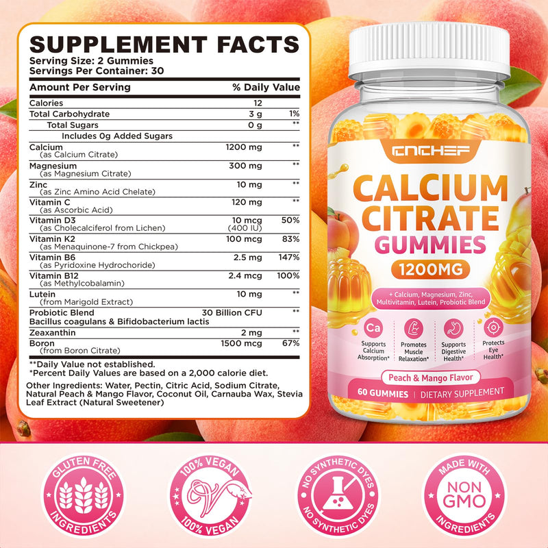 Calcium Gummies 1200mg, Calcium Supplements for Women with Vitamin D3, K2, Magnesium, Zinc High Absorption for Bone Muscle & Immune Support, Sugar Free, Vegan, Peach & Mango Flavor 60 Count (Pack of 1)