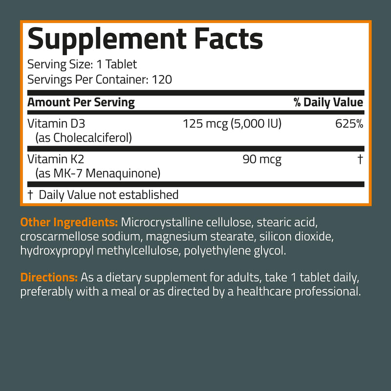 Bronson Basics Vitamin K2 D3 (MK7) Supplement Non-GMO Formula 5000IU (125 mcg) Vitamin D3 & 90 mcg Vitamin K2 MK-7 Easy to Swallow Vitamin D & K Complex, 120 Tablets Unflavored 120 Count (Pack of 1) - BeesActive Australia