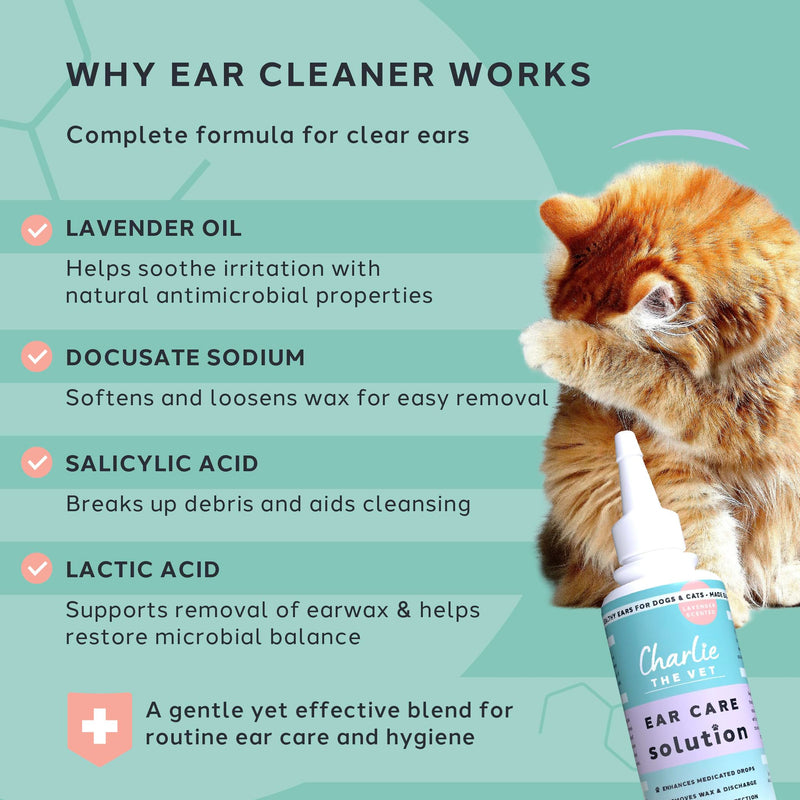 CharlieTheVet Lavender Ear Cleaner for Dogs & Cats, Daily Use, Gentle Cleansing Solution with Salicylic Acid, Removes Wax & Discharge, Maintains Healthy Ears, Vet Developed