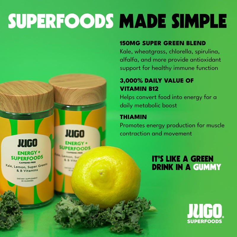 JUGO Energy + SUPERFOODS Vitamin B12 Gummies with Kale & Super Greens, Caffeine-Free Pre-Workout Energy Gummies, Vegetarian-Friendly, Gelatin-Free and Gluten-Free, Non-GMO, Made in USA, 40 Count