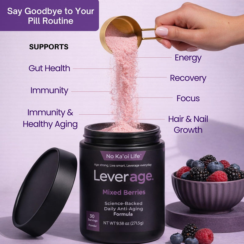 Leverage Mixed Berries Anti–Aging Supplement & Longevity Mix - Daily Wellness Multivitamin Powder with Hyaluronic Acid, L-Glycine & Magnesium for Skin, Energy, Cognitive Function & Joint–30 Servings