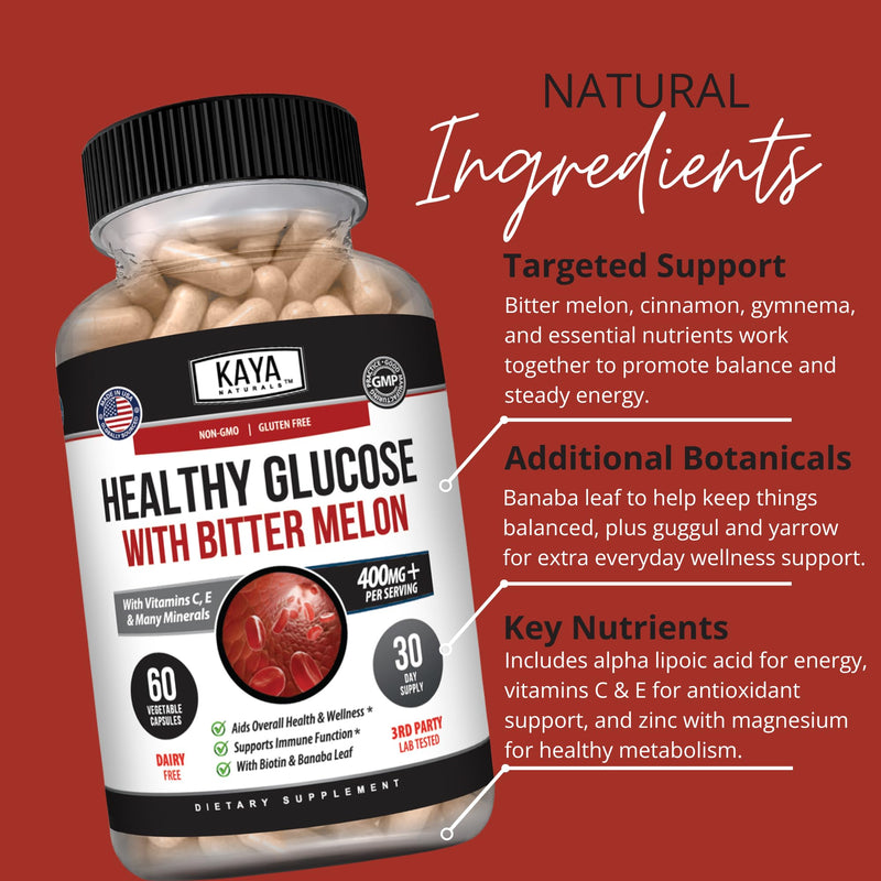 Kaya Naturals Healthy Gluco with Bittermelon Supplement | Support Healthy Levels and Function, 20 Herbs Vitamins and Minerals, Alpha Lipoic Acide, Cinnamon, Vitamin C & E, Non-GMO (60 Count)