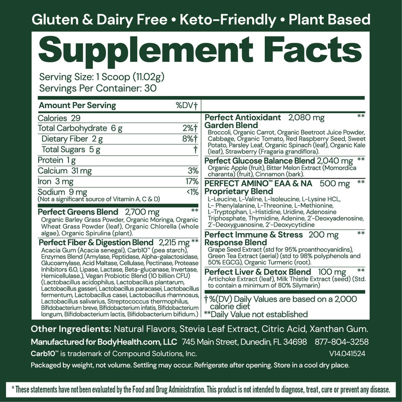 BodyHealth Greens Enhanced with PerfectAmino - Daily Superfood Green Apple Smoothie Powder with Vegetables, Fruit, Antioxidants, Prebiotics, Probiotics, Fiber, and Protein - 30 Servings 12.2 Ounce (Pack of 1) - BeesActive Australia